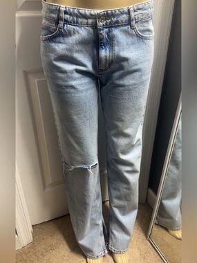Zara Light Wash Straight Leg Jeans with Knee Distress